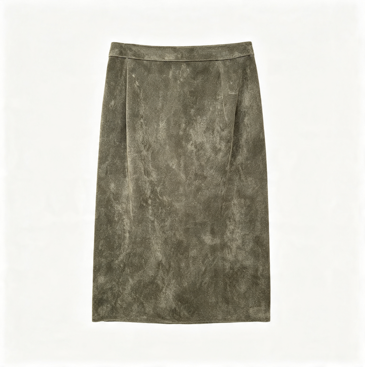 A knee-length skirt in a suede olive green fabric, displayed flat against a solid off-white background.