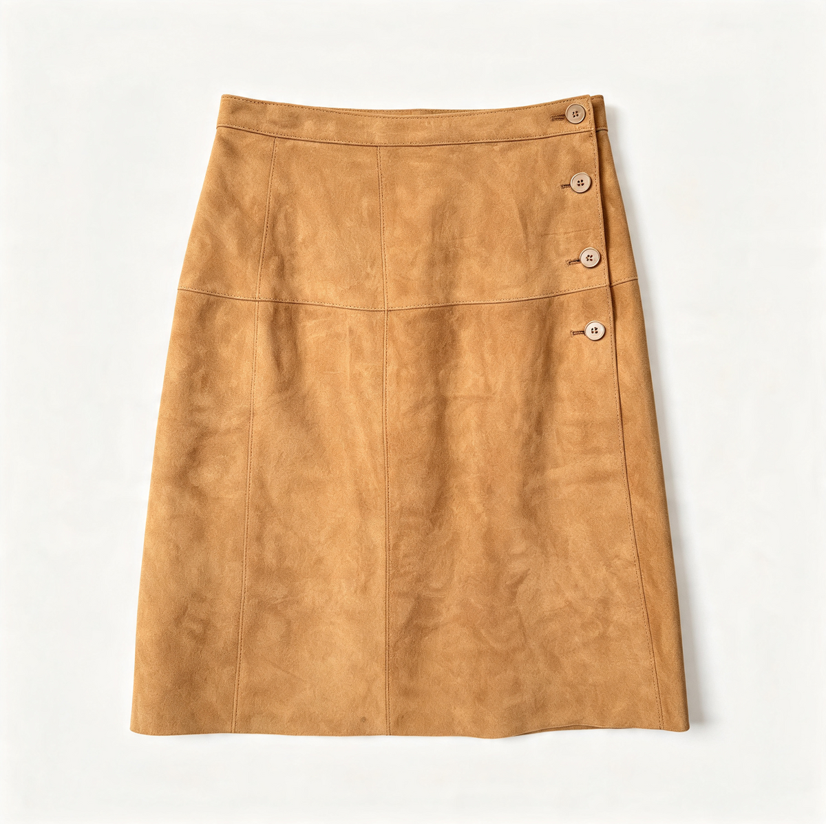 A tan suede A-line skirt with a high waist and three decorative buttons on the right side, laid flat against a light off-white background.