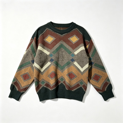 A long-sleeve knit sweater with a geometric diamond pattern in brown, beige, green, orange, and red, featuring a dark green crew neck, cuffs, and hem, laid flat against a white background.
