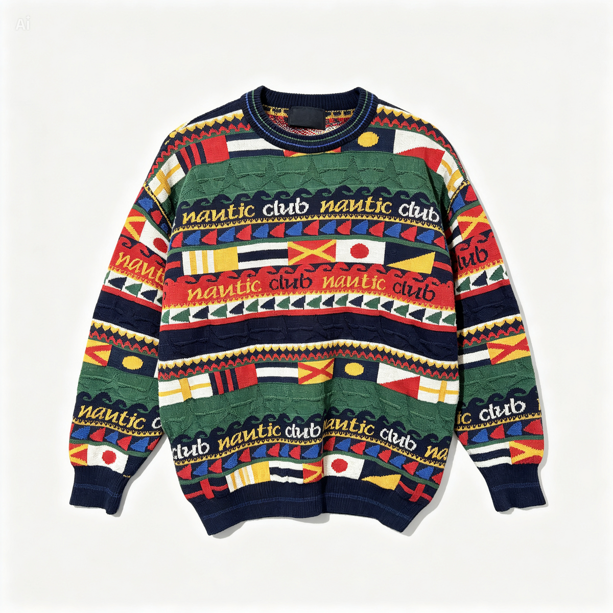 A multicolor knit crewneck sweater featuring horizontal flag patterns and 'nantic club' text, laid flat against a light off-white background.