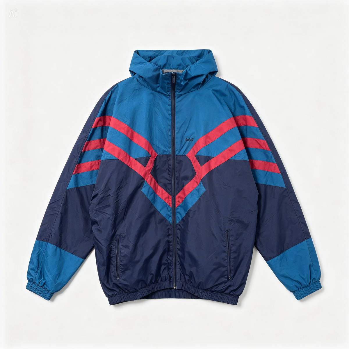 A colorblock windbreaker jacket featuring a navy blue lower body, a bright blue upper body and hood, and bold red and blue geometric stripes across the chest and sleeves, laid flat against a light off-white background.