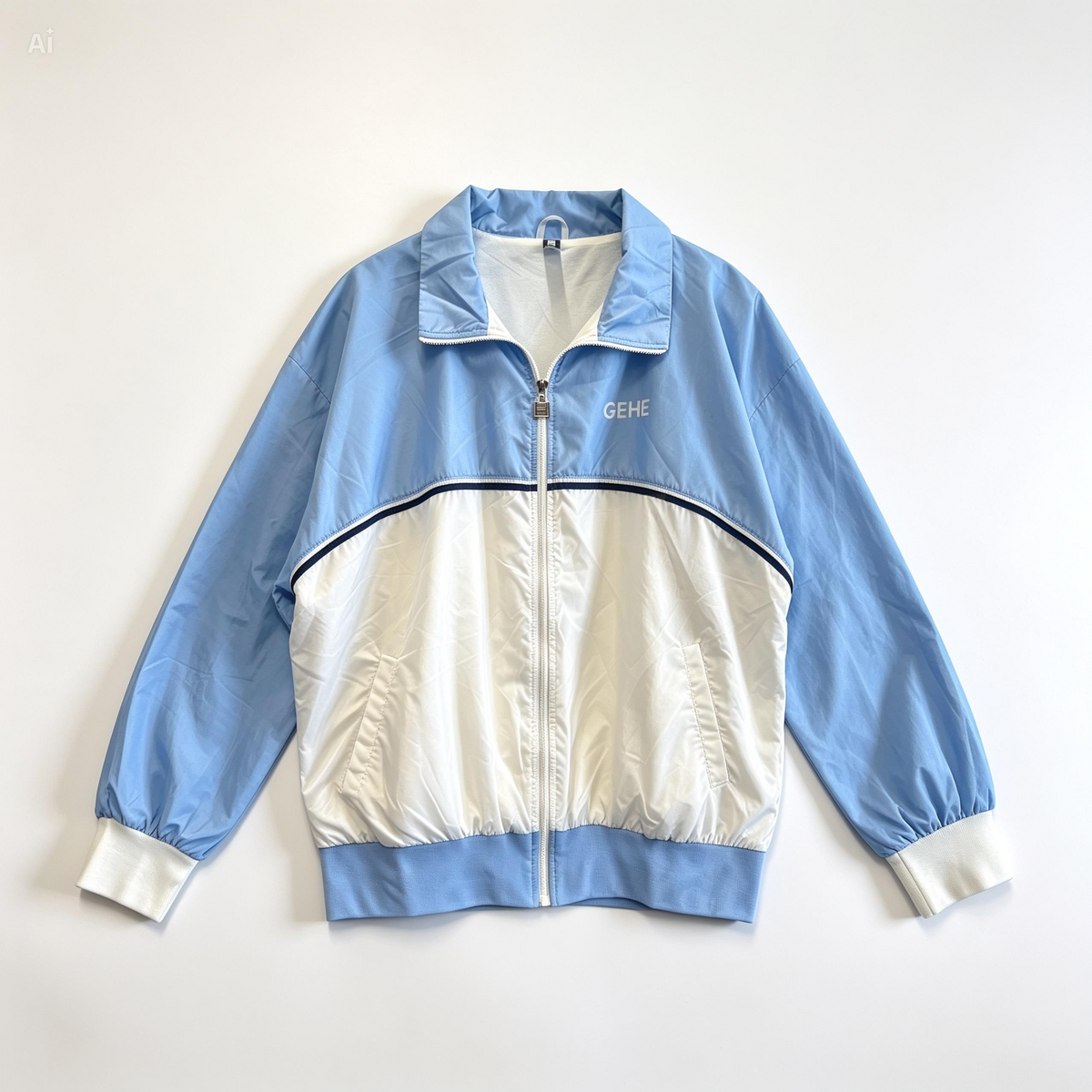 A light blue and white colorblock windbreaker jacket with a full zipper, ribbed collar, cuffs, and hem, laid flat against a light background. The brand name 'GEHE' is printed on the left chest.