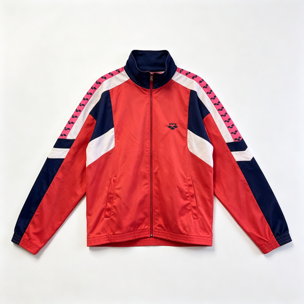 A vintage-style athletic windbreaker jacket in red, navy blue, and white, featuring a zip-up front, stand collar, and patterned pink-and-white stripes along the shoulders and sleeves.