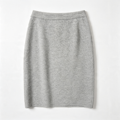 A light gray ribbed knit wool pencil skirt with a wide elastic waistband, laid flat against a clean white background.