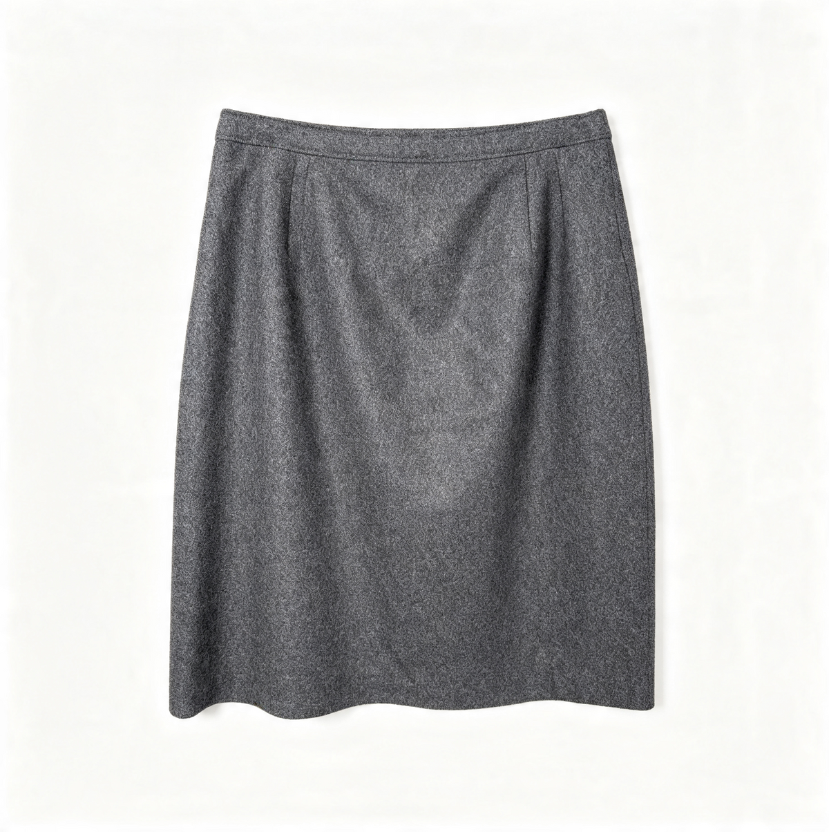 A dark gray textured wool skirt with a pleated waistband, laid flat against a clean white background.
