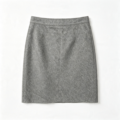 A gray textured wool skirt with a straight, slightly flared silhouette, laid flat against a clean white background.