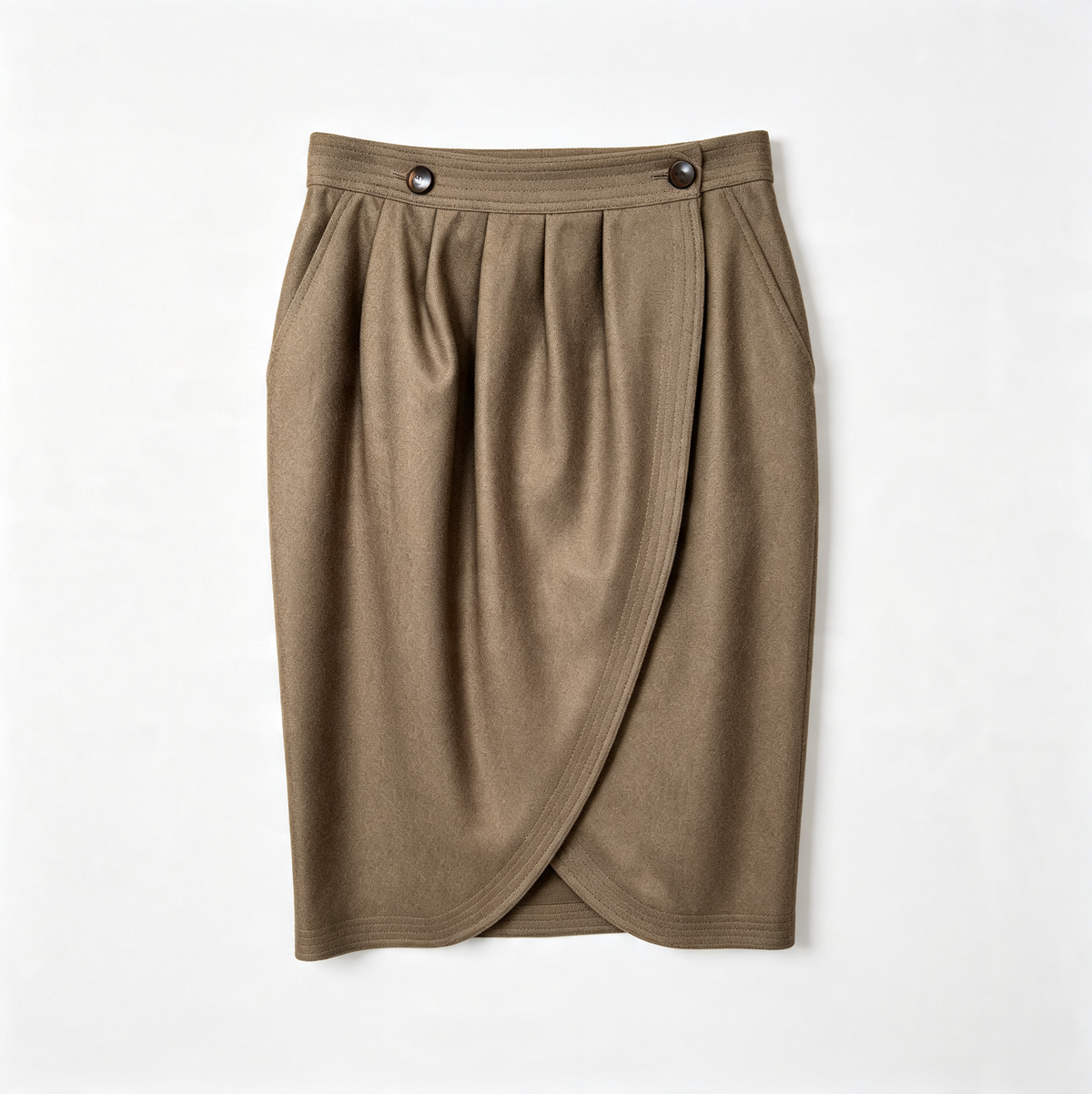 A taupe brown wool wrap skirt with a pleated waistband and two dark buttons, laid flat against a light gray background.