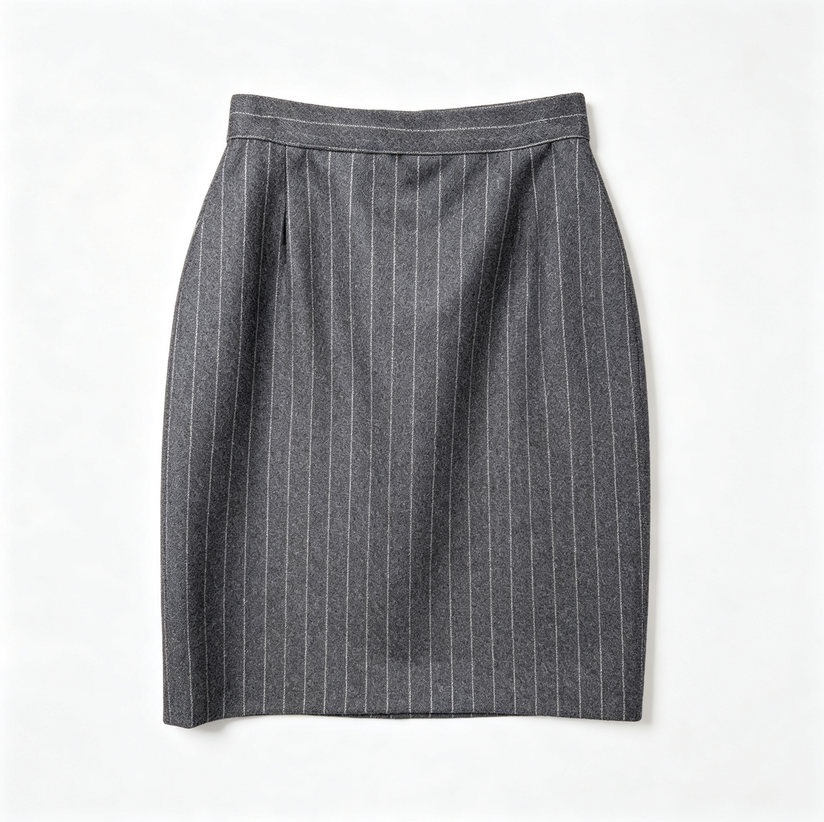 A gray pinstriped wool pencil skirt with a pleated front, laid flat against a clean white background.